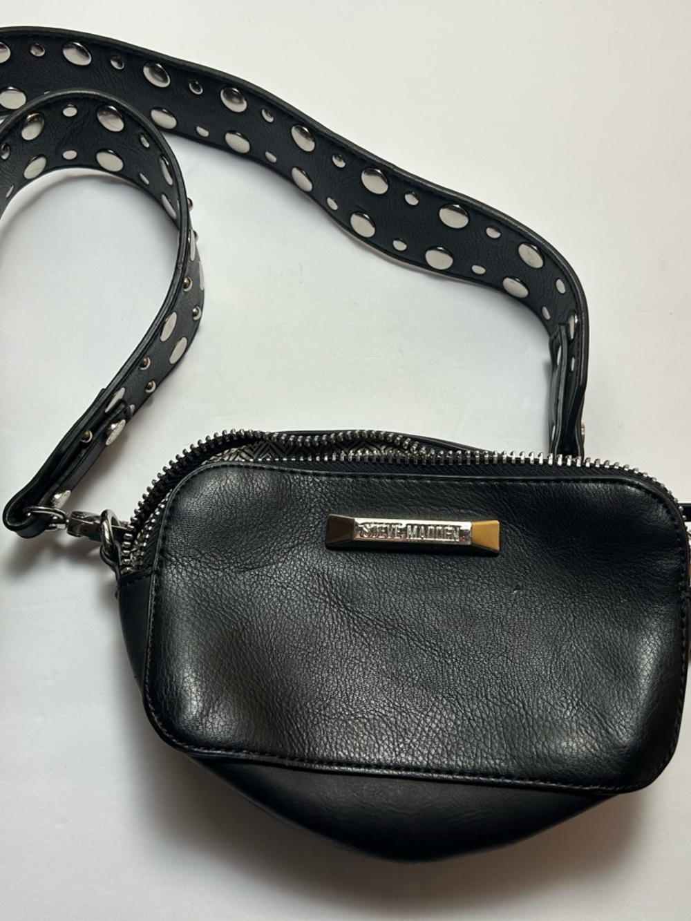 Steve Madden Black Faux Leather Crossbody Pouch with Studded Strap